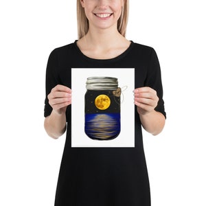 May include: A mason jar containing a full moon and a reflection of the moon in the water. The jar has a brown tag with the word "Dream" on it.