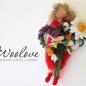 Needle felted fairy with flowers/fairy of flowers/waldorf doll/felted flowers/curly doll/wall hanging/home decor/nursery hanging/ooak doll