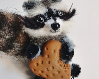 Needle felted miniature raccoon with cookies/miniature animals