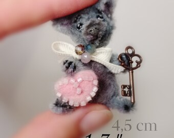 Miniature needle felted teddy bear with key and heart/felt animals/ooak