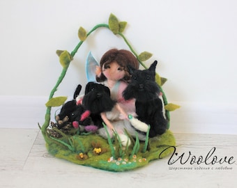 Guardian of animals/Fairy of animals/felted fairy with dogs/Guardian of Schnauzer/Pet memorial/Pet portrait/Miniature schnauzer/Waldorf doll