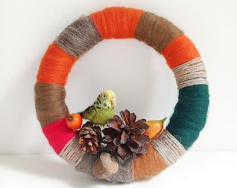 Fall wreath/needle felted wreath/felted parrot/autumn wall decor/budgie toy