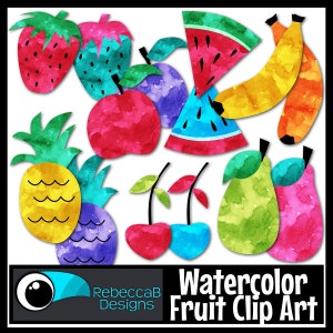 Aquarelle de fruits, clipart de fruits, clipart aquarelle, clipart de fruits colorés, fraise, pastèque, banane, ananas, cerise