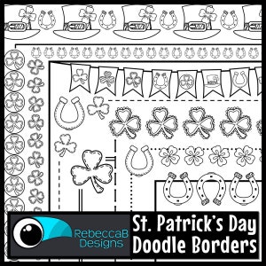 Puede incluir: Borduras de garabatos imprimibles para el Día de San Patricio en blanco y negro con tréboles, herraduras, sombreros de duendes y banderas. El texto "St. Patrick's Day Doodle Borders" está en la parte inferior de la imagen.