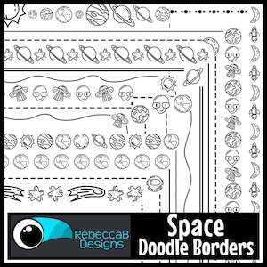 May include: Black and white line art doodle borders featuring space-themed illustrations. The borders include stars, planets, rockets, aliens, and more. The text "Space Doodle Borders" is at the bottom of the image.