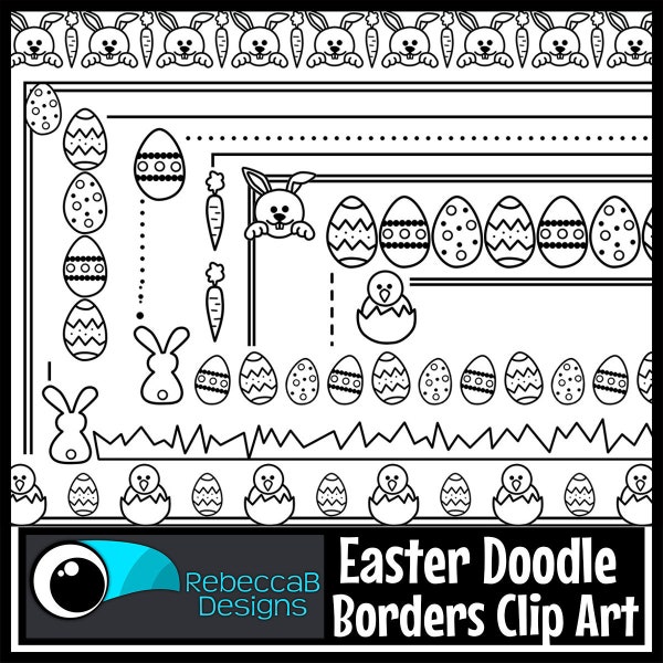 Easter Doodle Borders Clip Art, Easter Borders, Easter Border Frames, Clipart Borders, Digital Stamps, Black Line Borders, Easter Color In