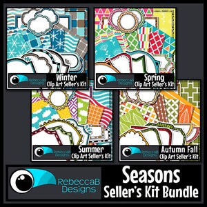 Puede incluir: Un paquete de clipart digital que presenta cuatro diseños coloridos para cada estación: invierno, primavera, verano y otoño. Cada diseño incluye varias formas, patrones y marcos. El paquete se titula "Seasons Seller's Kit Bundle" y es de RebeccaB Designs.