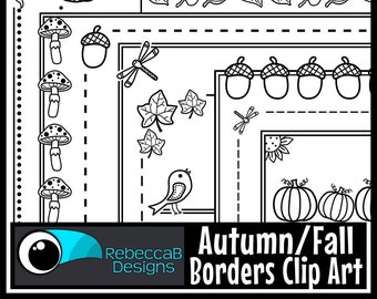 Puede incluir: Borduras de arte de clip en blanco y negro con temas de otoño y otoño. Las borduras incluyen bellotas, hongos, hojas, calabazas, libélulas y un pájaro. El texto "Autumn/Fall Borders Clip Art" está en la parte inferior de la imagen.