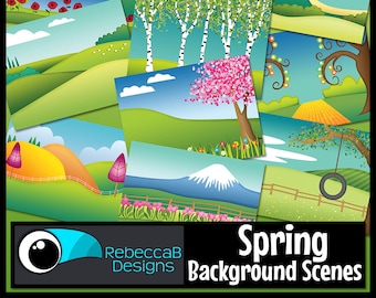 Puede incluir: Un conjunto de 12 escenas de fondo digitales de primavera que presentan varios paisajes, incluyendo un campo de flores, un bosque, un lago y una montaña. Las escenas son perfectas para crear proyectos con temática primaveral, como invitaciones, tarjetas y páginas de álbumes de recortes.