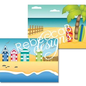 May include: A digital illustration of a beach scene with colorful beach huts, a wooden fence, and a blue ocean. The beach is sandy and there are palm trees in the background.
