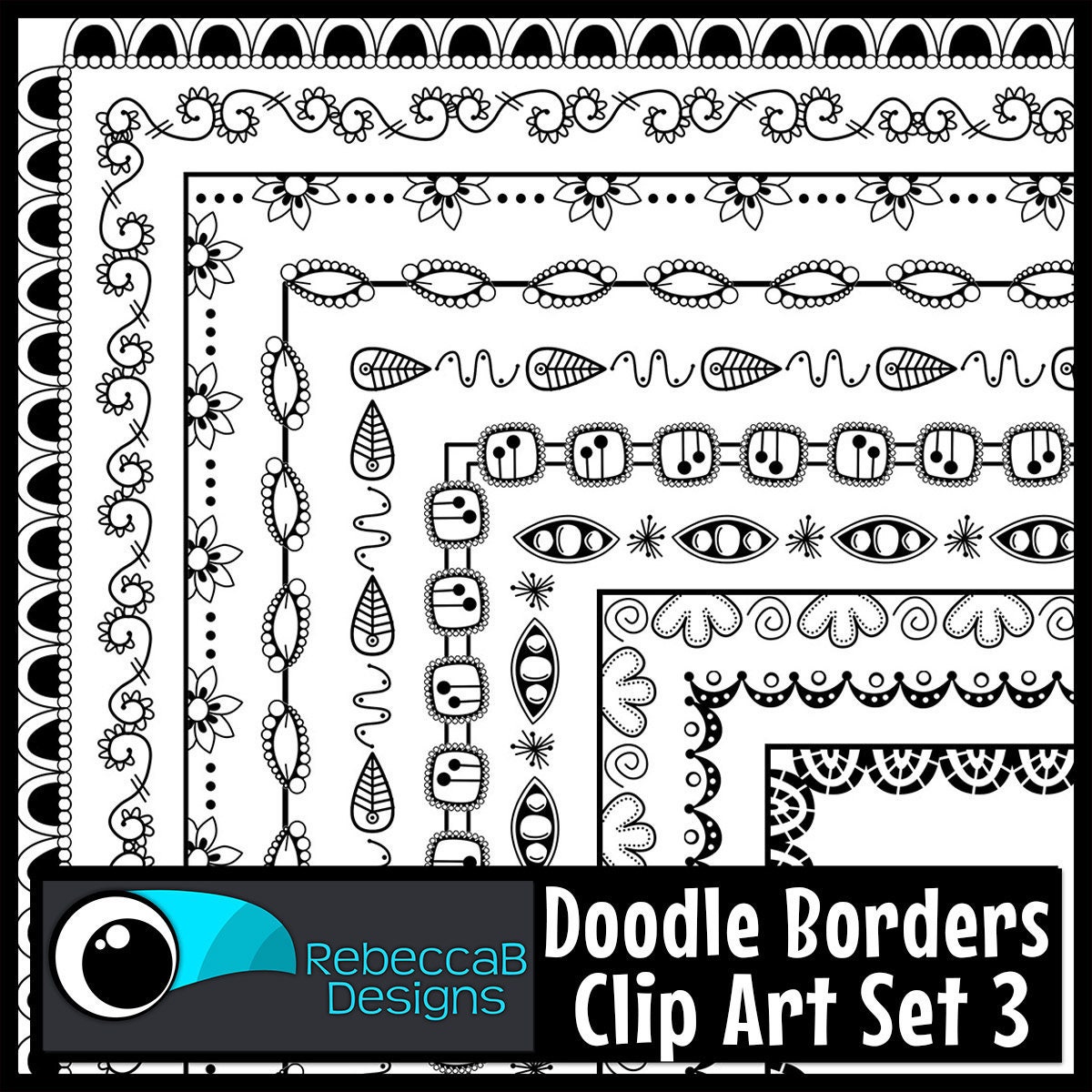 Doodle Borders Clip Art Set 3, Clipart Doodle Borders, Border Frames Clip Art, Black Line, Digital Stamps, Text Box Frames Clip Art, Borders