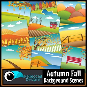 May include: A set of 10 digital background scenes featuring autumn landscapes. The scenes include a farm with a red barn, a forest with a white picket fence, a field of wheat, a hill with a red bench, and more. The backgrounds are perfect for creating digital scrapbook pages, cards, and other crafts.