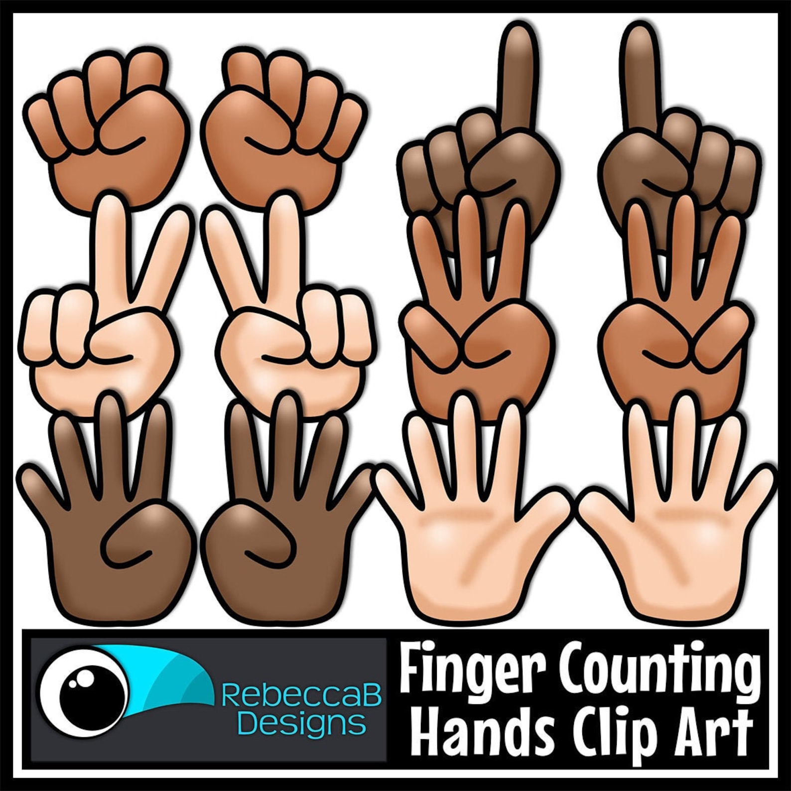 Finger Counting Hands Clip Art, Multicultural Clip Art, Skin Tones