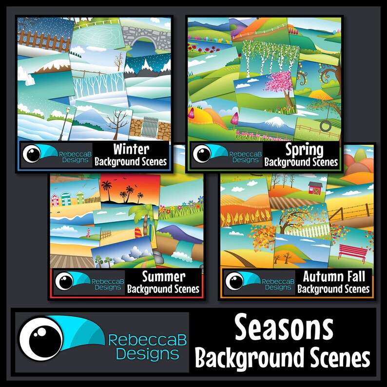 May include: A collage of images depicting different seasons. The top left image shows a winter scene with snow, ice, and a frozen lake. The top right image shows a spring scene with blooming flowers, green grass, and a blue sky. The bottom left image shows a summer scene with a beach, ocean, and palm trees. The bottom right image shows an autumn scene with colorful leaves, a red barn, and a red bench.