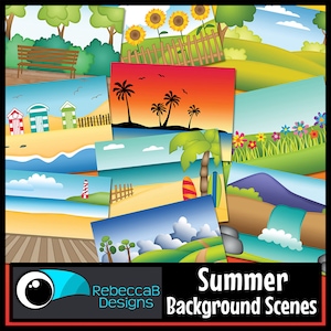 May include: A collage of ten digital illustrations depicting various summer scenes. The scenes include a beach with beach huts, a beach with palm trees, a beach with surfboards, a grassy field with flowers, a park with a bench, a sunset over the ocean, a mountain range, a lighthouse, a wooden fence, and a grassy hill with clouds.