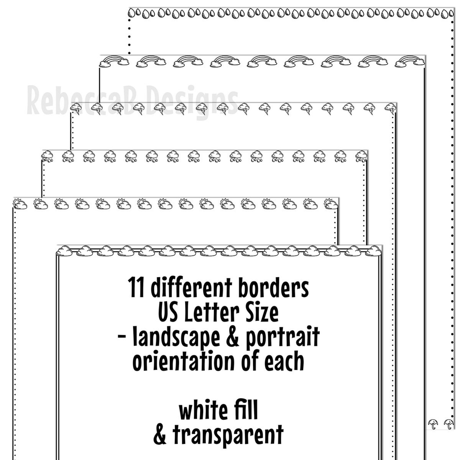 Weather Doodle Page Borders Clip Art: Black Line Frames (digital Stamps ...