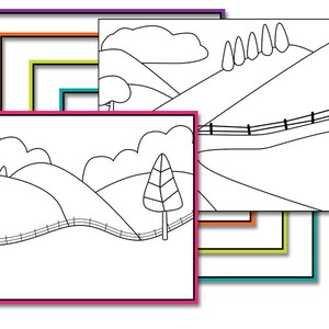 May include: Black and white line drawing of a countryside landscape with rolling hills, a fence, a tree, and clouds.