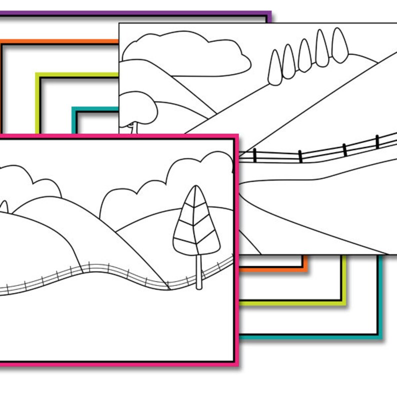 May include: Black and white line drawing of a countryside landscape with rolling hills, a fence, a tree, and clouds.