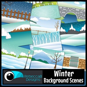 May include: A set of 9 winter background scenes featuring snowy landscapes, trees, fences, and a stone bridge. The scenes are perfect for creating winter-themed crafts, cards, or digital designs.