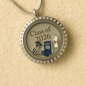 Class of 2026 Graduation Necklace – Stainless Steel Floating Locket with Birthstone & Graduation Charms, High School or College Graduate Kee