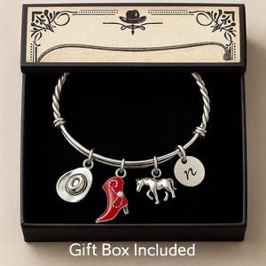 Western Charm Bracelet – Cowgirl Jewelry with Cowboy Hat, Red Boot & Horse Charms, Adjustable Bangle, Personalized Initial Gift for Her
