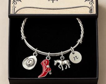 Western Charm Bracelet – Cowgirl Jewelry with Cowboy Hat, Red Boot & Horse Charms, Adjustable Bangle, Personalized Initial Gift for Her