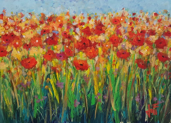 Arte De Pared Roja Amapola Campo De Flores Silvestres Etsy