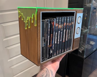Retro tv Media storage Diorama box with slime or blood effect for blu rays dvds vhs Real Wood! movies not included
