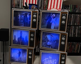 Retro tv movie night snack caddy / tv Remote storage box lots movie titles to choose! made from Real Wood!  Lights up!