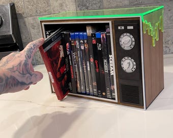 Retro tv Media storage Diorama box with slime or blood effect for blu rays dvds vhs Real Wood! movies not included