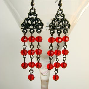 Chandelier Earrings, Gunmetal Tone Earrings with Red Glass Beads, Festive Earrings, Gothic Earrings, Bohemian Long Earrings