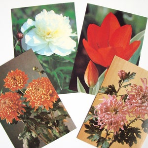 Cartolina sovietica vintage anni '80 con fiori, Set di 4, Biglietto di auguri floreale, Non firmato, Non pubblicato, Oggetti effimeri di carta da collezione, Made in URSS