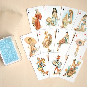 Vintage Pin-Up Playing Cards 70s, Deck of 55 Cards, Sweetheart by Coeur, Collectible, Paper Ephemera, Blue Rose, Made in East Germany, Retro