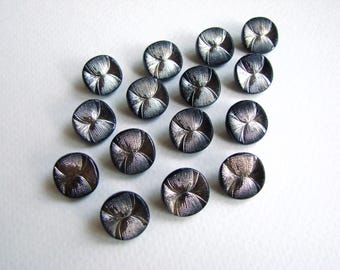 Vintage 70s Czech glass buttons, 15 pcs, Opaque black buttons with metallized finish, Round 13 mm, Made in Czechoslovakia