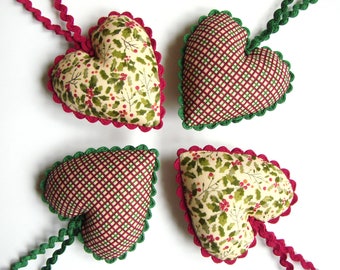 Hanging Fabric Hearts, Christmas Tree Ornaments, 4 pcs, Party Favors, Rustic Decor, Country Decoration, Ivory, Red, Green