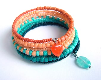 Orange Teal Glass Bead Bracelet: Boho Memory Wire Jewelry