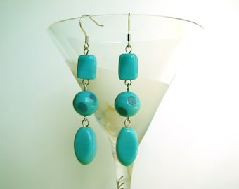 Boucles d'oreilles pendantes, boucles d'oreilles argentées avec perles de verre bleu sarcelle, Boho, bijoux bleus, cadeau pour elle