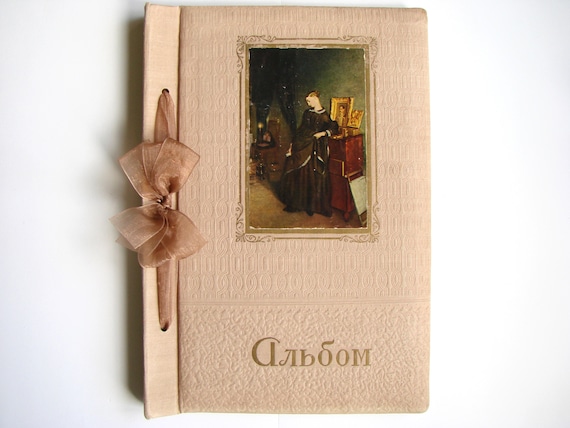 Vintage 50s Photo Album, Old Soviet Family Memory Book, Scrap Book, Mid century, Aged Paper, Dusty Pink and Brown, Made in USSR