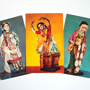 Postales soviéticas vintage de los años 60, Conjunto de 3, Postales de arte coleccionables, Estilo indio, Manipuri, Rajasthan, Bengala, Sin firmar, Hecho en la URSS