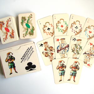 Vintage jaren 90 geduldspeelkaarten in Russische rococo-stijl, Sovjet-kaartspellen, Papieren ephemera, Dubbelspel van 54 kaarten, Gemaakt in Rusland