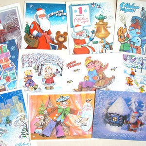 11 unidades de cartão postal soviético vintage, feliz ano novo, cartão colecionável, Papai Noel, boneco de neve e crianças, feito na URSS dos anos 1970-80