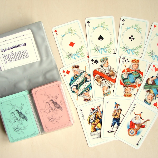 Vintage patience playing cards 90s, Double deck of 54 cards, French suits, Rococo style, Birds on branch, Paper Ephemera, Made in Germany