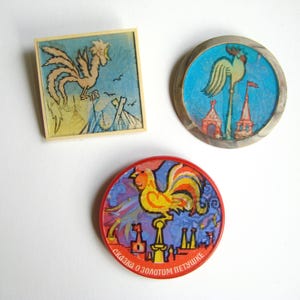 Set of 3 vintage 70s soviet lenticular badges with roosters, Cartoon character, Collectible pin, Retro children pin badge, Made in USSR