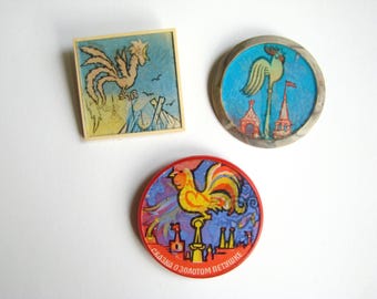 Set of 3 vintage 70s soviet lenticular badges with roosters, Cartoon character, Collectible pin, Retro children pin badge, Made in USSR