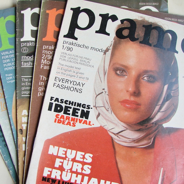 Set of 6 vintage East Germany fashion magazine Pramo 1990 with sewing patterns. Printed in GDR