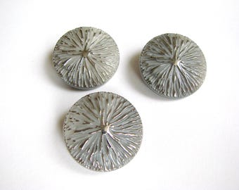 Vintage 70s Czech glass buttons 3 pcs. Gray buttons with silver pattern. Round buttons 27 mm, 1 inch. Made in Czechoslovakia