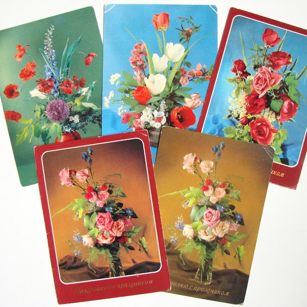 Vintage 80s East Germany Postcard, Set of 5, Floral Greeting Card, Flowers, Rose, Unsigned, Unposted, Paper ephemera, Made in GDR