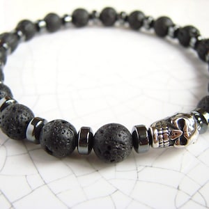 Skull Bracelet, Lava Rock and Hematite Bracelet, Gemstone Stretch Bracelet, Black, Men’s Bracelet, Halloween Gift for Him