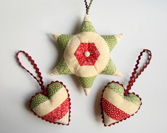 Hanging Fabric Hearts and Star, 3 pcs, Christmas Tree Ornaments, Cottage Chic Decor, Rustic Favors, Xmas Holiday Decorating, Red Green Ivory