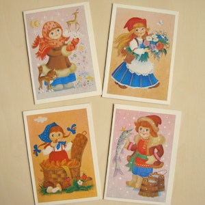 Set van 4 vintage Sovjet-ansichtkaarten, mini-ansichtkaarten, verzamelbare wenskaarten met sprookjesfiguren, niet-ondertekend, gemaakt in de USSR 80s
